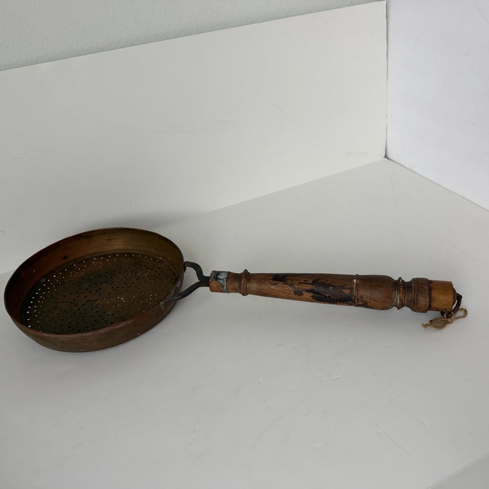 Antique Vintage Copper 24” Skimmer Strainer with Wooden Handle
